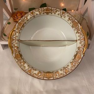 Noritake 175 Christmas Ball Round Divided Vegetable Serving Bowl - Gold Backstam